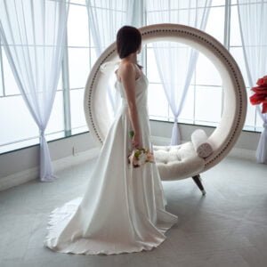Camellia one-shoulder A-line wedding gown rental - right side view